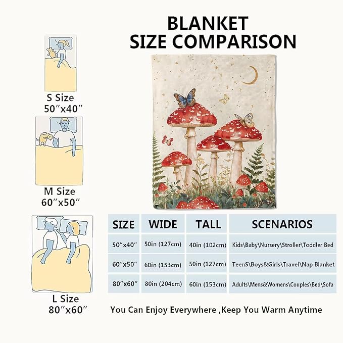 Red Mushroom Blanket Enchanting Forest Throw Blankets with Butterfly,Birthday Gifts for Girls Women & Nature Lovers,Lightweight Soft Fleece,for Sofa Couch Bed Room Fairy Tale Decor 50x60in