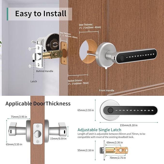 IRONZON Fingerprint Door Handle for Bedrooms - 190F 3-in-1 Fingerprint Door Lock with Keypad, Fingerprint Door Knob for Bedroom with Key, Keyless Entry Door Handle - Silver