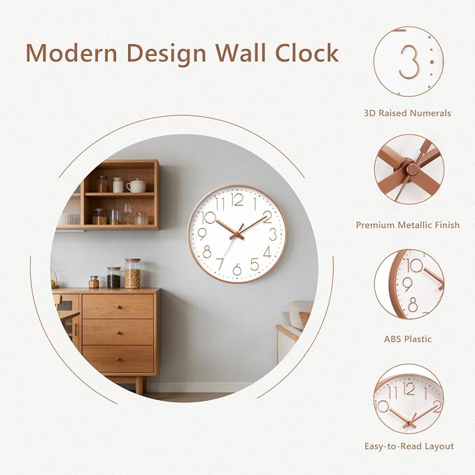DAXSMY Wall Clock - 12 Inch Silent Non-Ticking Modern 3D Wall Clocks Battery Operated - Decorative Clock for Kitchen, Home Office, Bathroom, Bedroom, Living Room(Rose Gold)