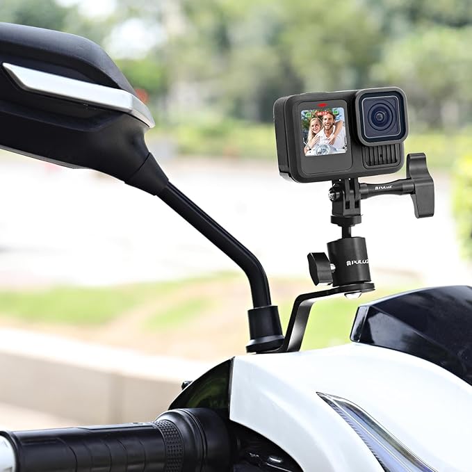 PULUZ Aluminum Motorcycle Rearview Mirror Mount Bracket Holder Compatible with Gopro Hero 13/12/11/10/9/8, DJI Osmo and Insta360 Action Cameras