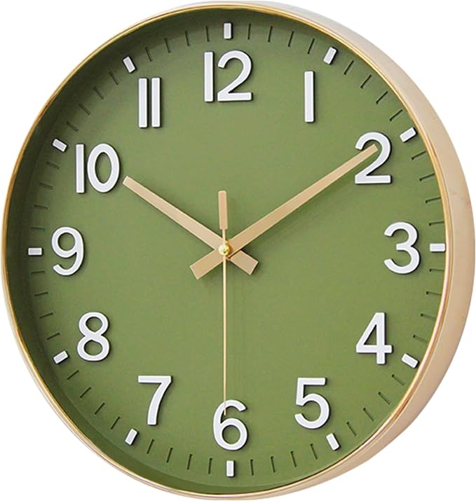 HZDHCLH Wall Clocks Battery Operated,Wall Clock Green Gold,12 inch Wall Clock Silent Non Ticking Modern 3D Numbers for Kitchen Bedroom Living Room Office Classroom Decor