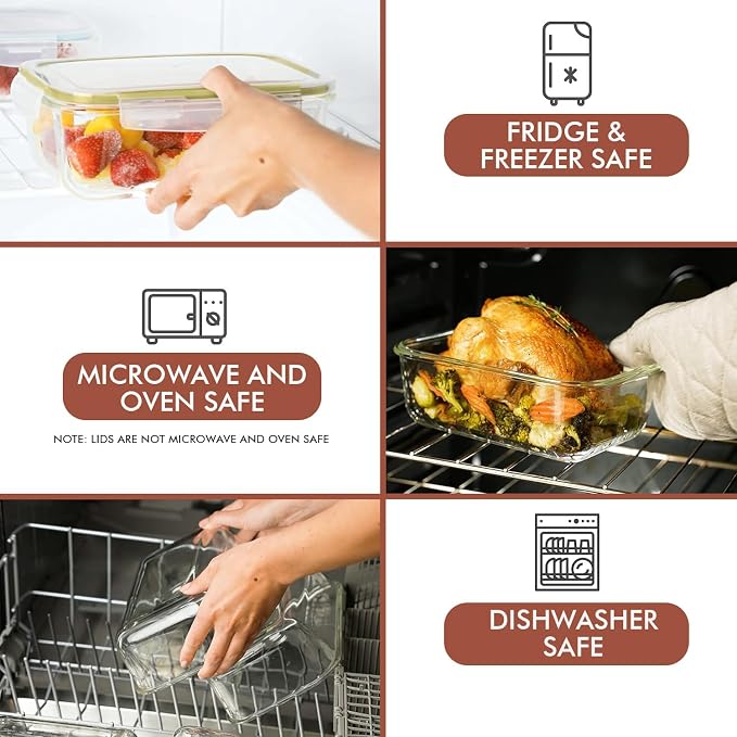 Razab 35 Pc Set Glass Food Storage Containers with Lids - Meal Prep Airtight Bento Boxes BPA-Free 100% Leak Proof (15 lids,15 glass & 5 Plastic Sauce/Dip Containers)