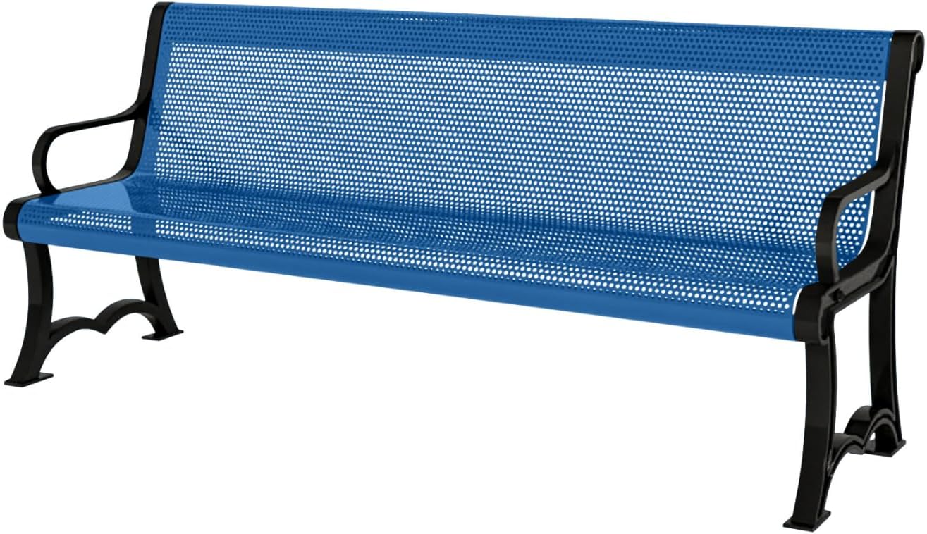 Heavy-Duty Outdoor Bench Thermoplastic Coated, Punched Steel, Commercial-Grade Garden Bench, Made in America (Portable with Back, 4 Ft, Textured Light Blue)