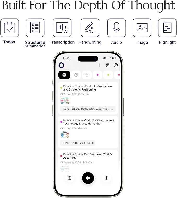 Flowtica Scribe AI Voice Recorder, App Control, Transcribe & Summarize, One-Press Highlight, HiFi Audio, Background Auto-Sync, Note Taker for Meetings & Lectures, Ultra-Slim, Charging Case Included