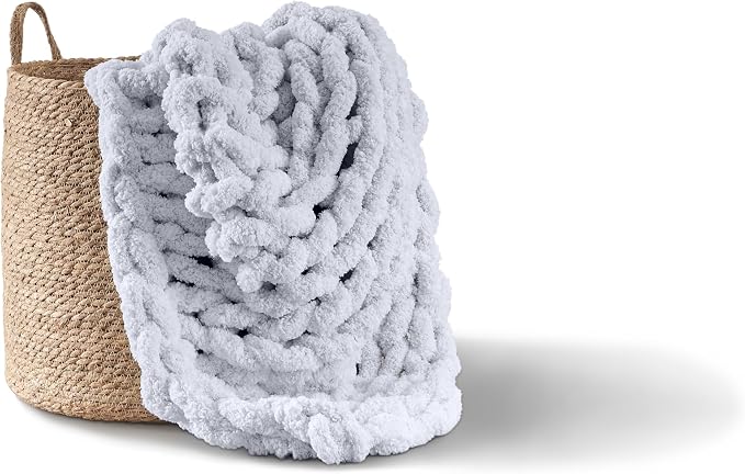 Adyrescia Chunky Knit Blanket Throw | 100% Hand Knit with Jumbo Chenille Yarn (30"x40", Light Gray)