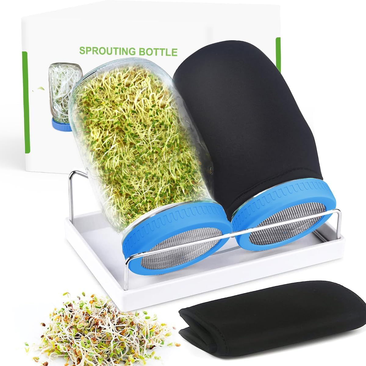 Organic Seed Sprouting Jar Kit – 2 × 32 oz Wide-Mouth Mason Jars with Stainless-Steel Sprouter Lids & Stand, Blackout Sleeves, Drain Tray – Grow Broccoli, Alfalfa & Bean Microgreens