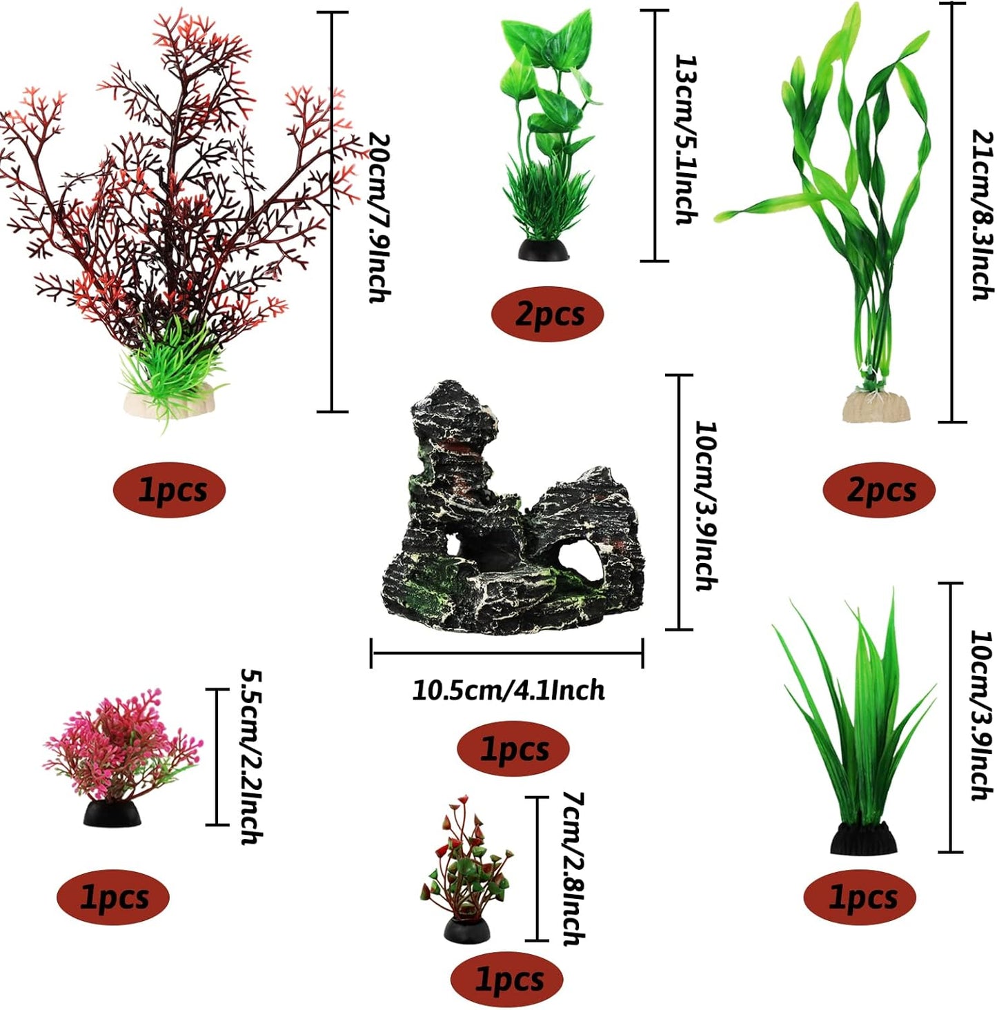 Fish Tank Decorations Plants with Resin Cave Rock View, 9pcs Aquarium Decorations Plants Plastic,Fish Tank Accessories, Fish Cave and Hideout Ornaments, Aquarium Decor