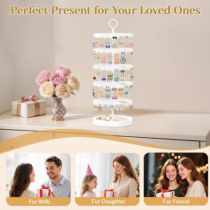 MODOWEY 5 Tier Rotating Earring Holder Organizer Display Tree with Wooden Tray, Adjustable Plastic Stand with 285 Slots for Stud Hoop Hanger, Large Capacity Storage Rack for Women Space Saving, White