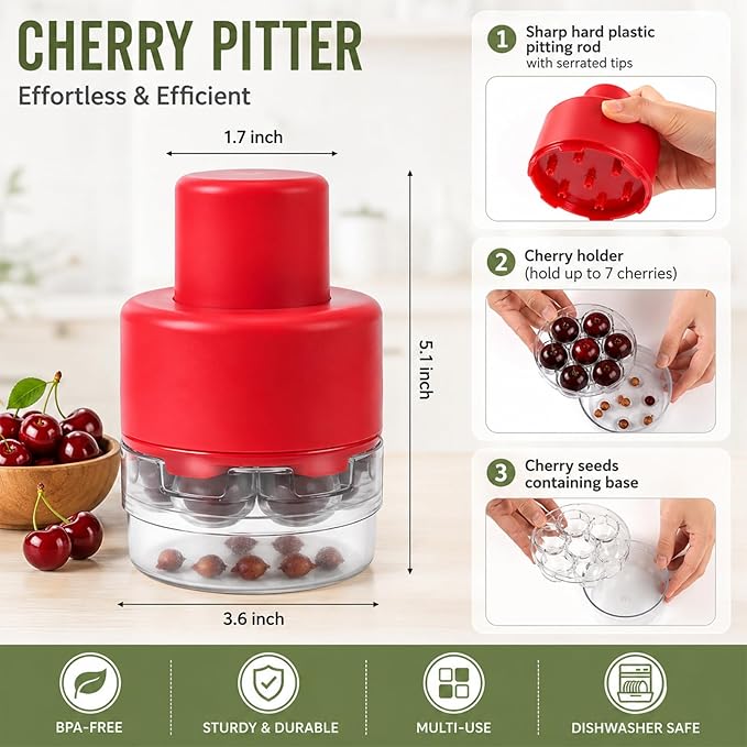 CUNSENR 7-in-1 Cherry Pitter Tool for 7 Cherries at Once, Large Capacity Cherry Corer & Cherry Seed Remover with Splash Guard, Easy Push Fruit Pitter for Cherries, Olives, Red Dates, Red