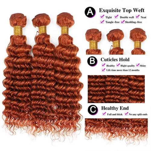 Ubinica Ginger Orange 350 Human Hair Bundles 16 18 20 Inch Deep Wave Bundles Human Hair Unprocessed Brazilian Virgin Hair Quick Weave for Black Women