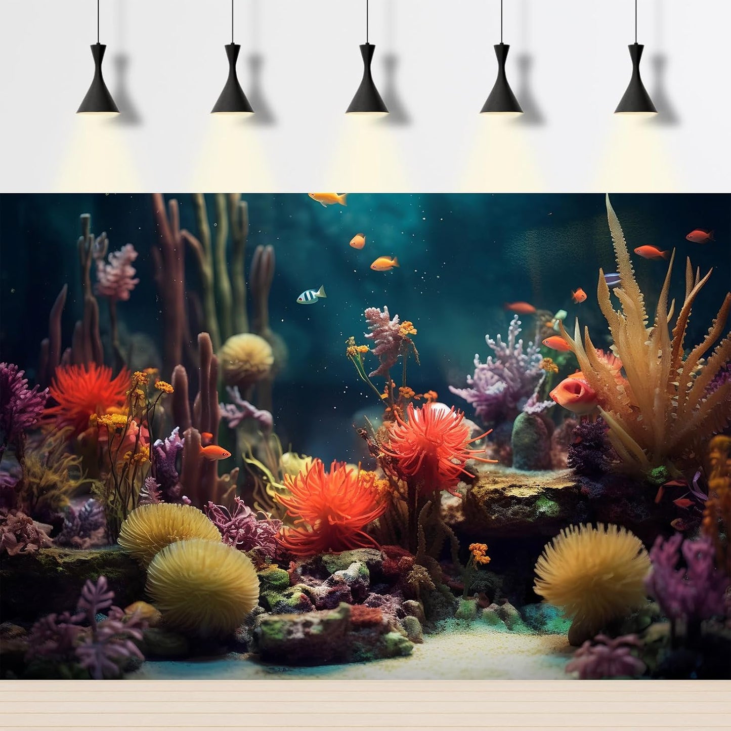 Aquarium Background Beautiful Colorful Coral Reef Aquatic Plants Terrarium Background Rock Tropical Fish Jungle Style Fish Tank Background Colorful Under Water View Aquarium Backdrop Vinyl 24x12in