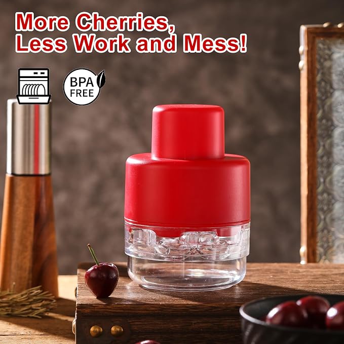 7-in-1 Cherry Pitter Tool Pit Remover, Portable Cherry Core Remover, Quick Release Multi Cherry Pitter Tool for Kitchen, Cake Shop, Fruit Salad (Bright-Red)