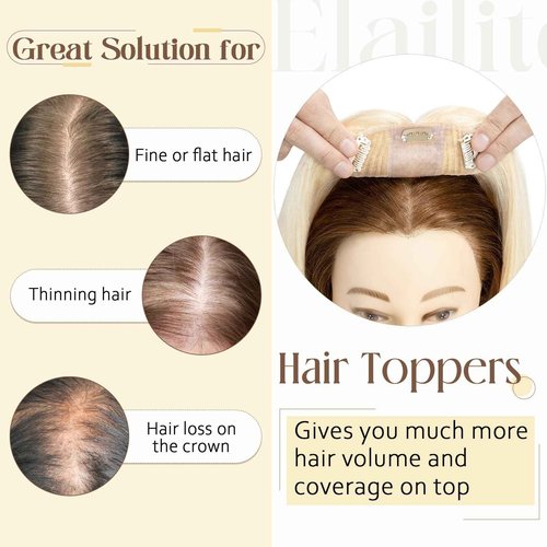 Elailite Hair Toppers for Women With Thinning Hair - Real Human Hair V3.0 Clip in Pieces 10 Inch Middle Parting for Loss Cover Gray Fine [Style-B] #60 Platinum Blonde