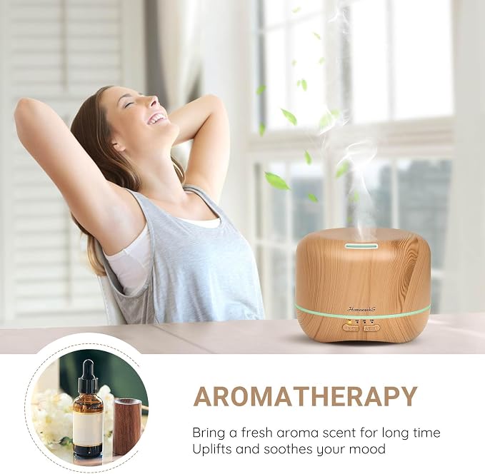 Homeweeks 300ml Essential Oil Diffuser, Quiet Aromatherapy Mist Diffusers for Essential Oils, Wood Grain, Ultrasonic, Remote Control, Timer, 7 Colors Light for Bedroom (300ml Yellow Wood Grain)
