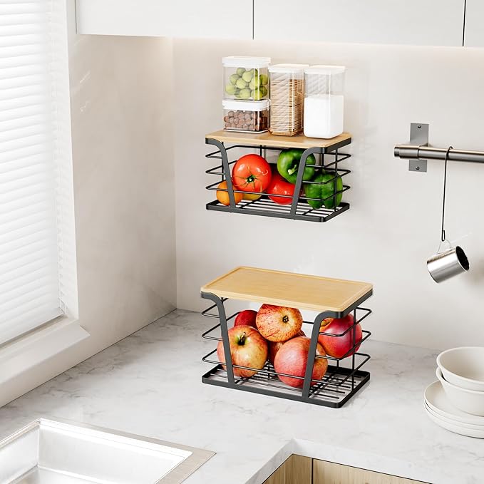 TIDIIABODE 2 Pack Stackable Storage Laundry Kitchen Organizers, Wall Mount Trash Bag Holder with Bamboo Top and Garbage Bag Dispenser No Drill