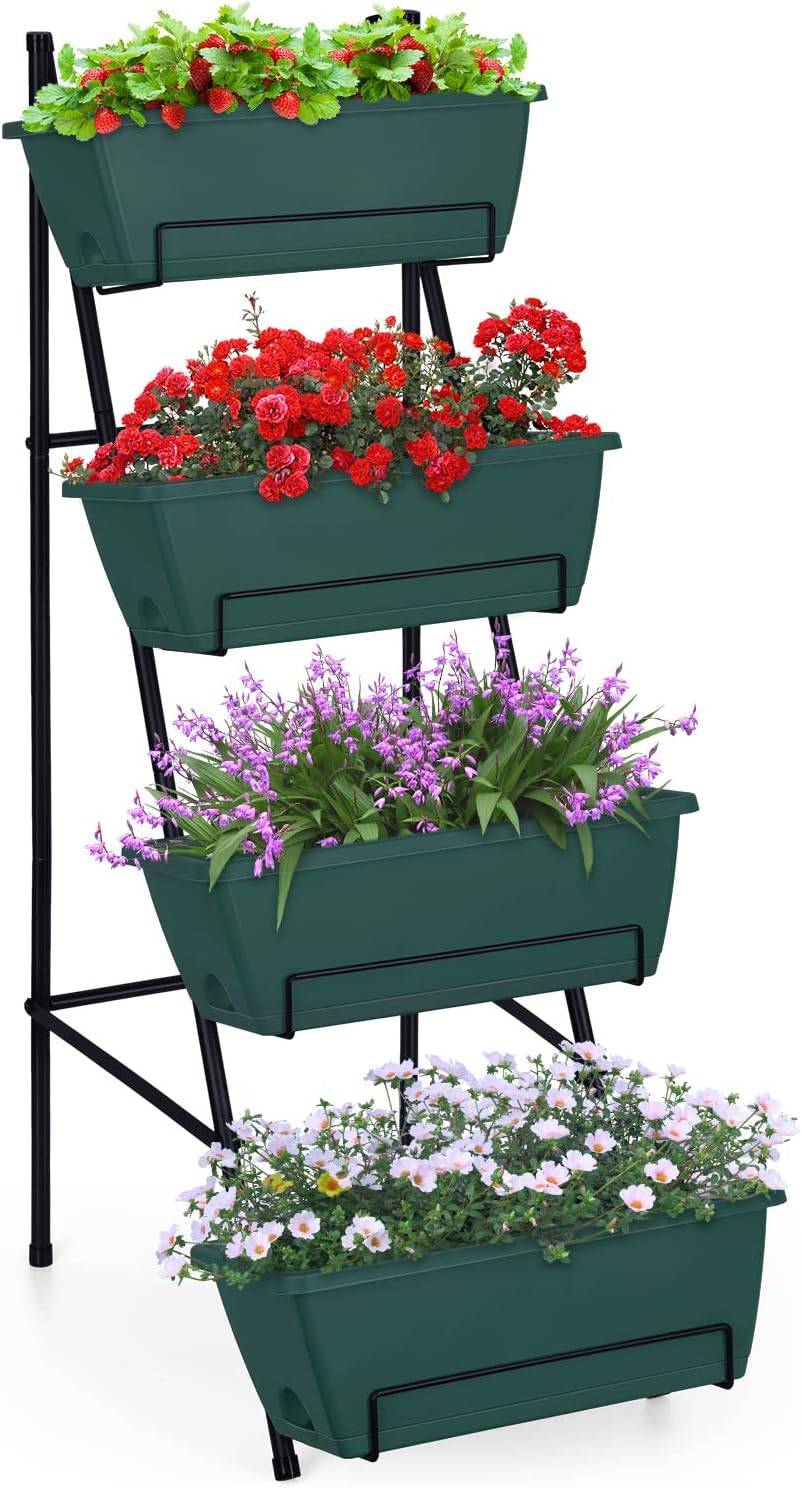 OYEAL Raised Garden Bed 4 Tier Vertical Garden Planters Indoor Outdoor Raised Planter Box with Legs Elevated Herb Garden Planter for Flowers Vegetables Plants, Green