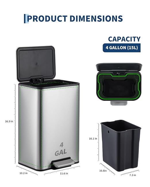 4 Gallon/15 Liter Trash Can, Stainless Steel Step Garbage Can with Quiet Soft-Close Lid, Foot Pedal & Removable Inner Bucket, Rectangular Trash Bin for for Living Room Home Office, Silver