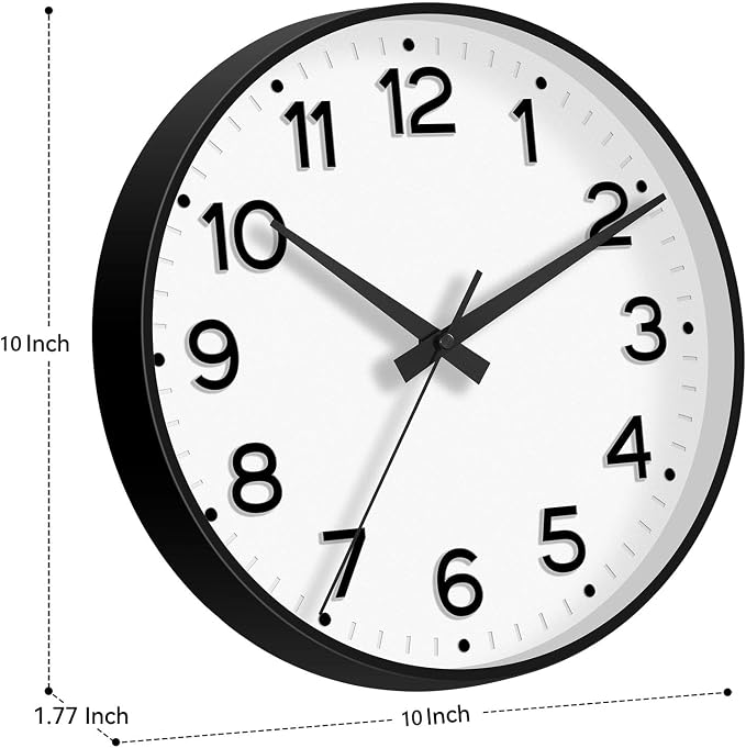 Roymnie Wall Clock 10 Inch Silent Wall Clocks Battery Operated-Modern Non Ticking Analog Clock Decorative for Kitchen Bedroom Office (Black)