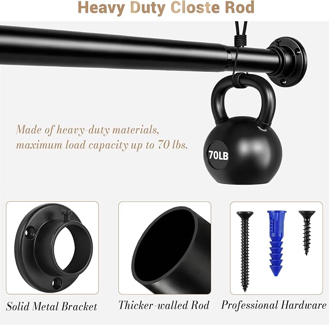 Closet Rod Adjustable 17 to 68 Inch, 1-1/4” Diameter, Closet Rods for Hanging Clothes, Stepless Metal Heavy Duty Hanging Rod for Closet Wardrobes Laundry RV (Black)