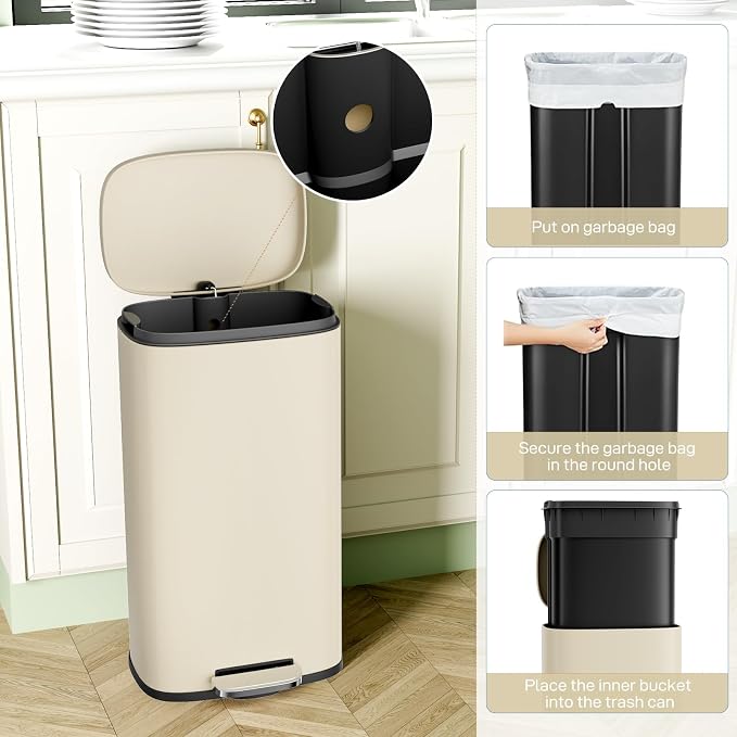 Arlopu 8/13.2 Gallon Step Trash Can, Stainless Steel Garbage Bin, Soft-Close Rubbish Bin with Removable Plastic Inner Bucket, Fingerprint-Proof, Lid Dustbin, Suit for Kitchen (Beige, 50L)