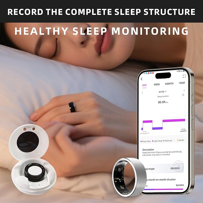 Smart Ring Titanium Fitness Sleep Tracker Health Monitoring Blood Pressure Blood Oxygen for iPhone and Android 7 Days Batterty Life (Black, 10) Full Charge First Use