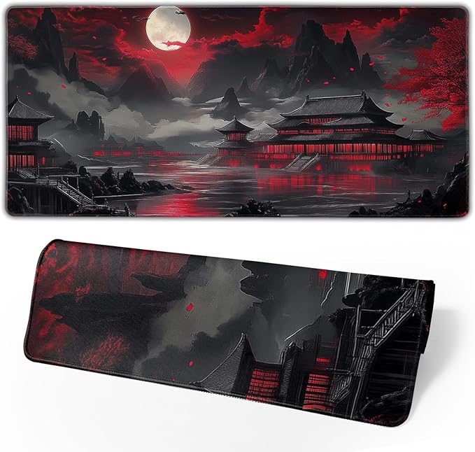 Japanese Mouse Pad Large Riverside Full Moon Desk Mat Black Red Mouse Pad Gaming 35.4"x15.7" Long Keyboard Pad Mouse Mat with Stitched Edges Non-Slip Base Computer Pc Desk Pad for Office Work Home