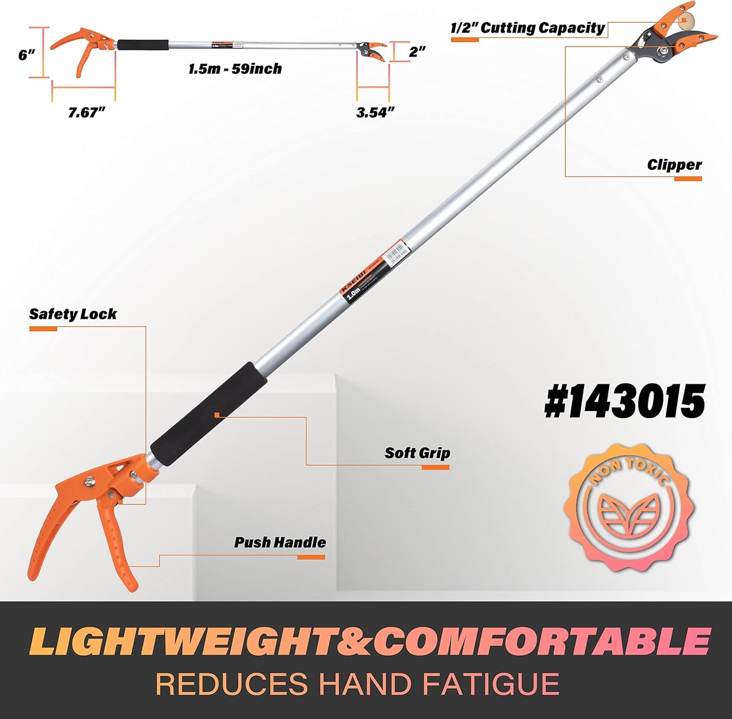 KSEIBI 143015 Long Reach Cut and Hold Bypass Pruner Max Cutting 5/16 inch (5.0 ft - 1.5 m)