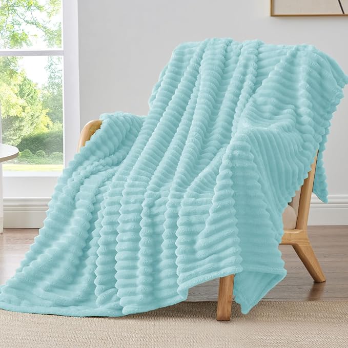 BEDELITE Fleece Throw Blanket for Couch - 300GSM Soft & Warm Fluffy Cloud Blue Blanket, Decorative and Giftable Striped Blankets for Women, Men, 50"x60"