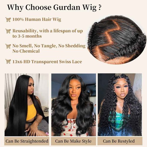 Gurdan 13x6 Lace Front Wigs Human Hair 200 Density Body Wave Lace Front Wigs Human Hair Pre Plucked Glueless Wig HD Lace Frontal Wigs Natural Color 26 Inch