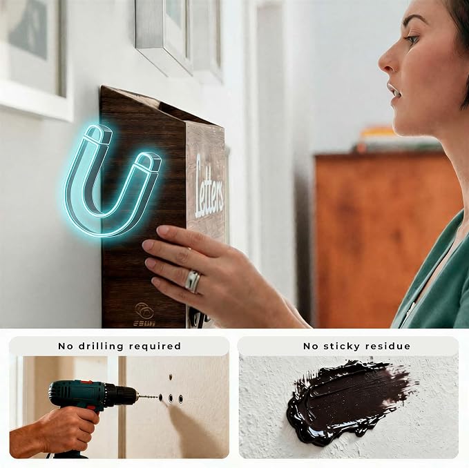 eBun Narrow Wood Mail Holder | Wall Mount, No-Drill Magnetic, Vertical Letter Slot, Entryway Decor