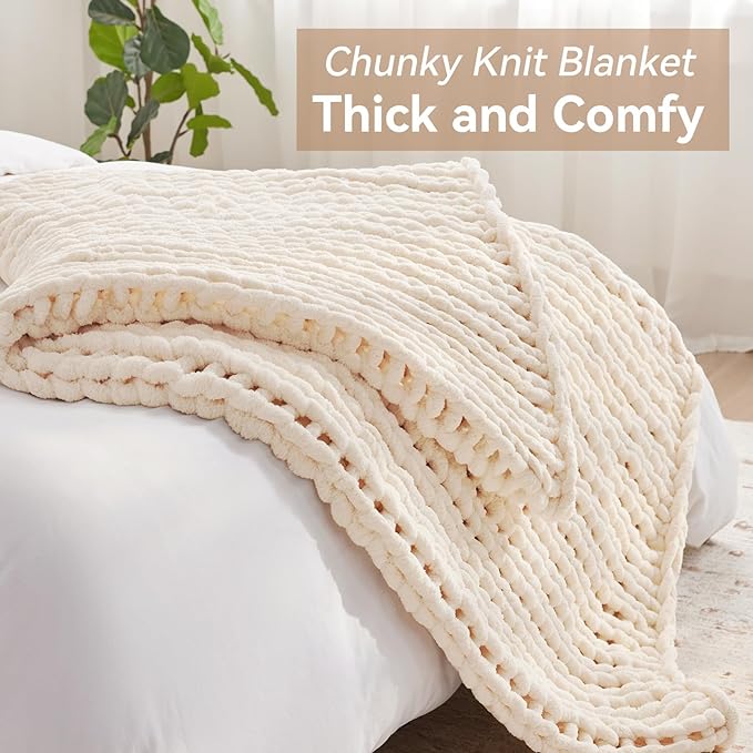 Negwoo Chunky Knit Throw Blanket, 40''*50'' Knitted Throw Chenille Yarn for Bed Couch, Handmade Cream Crochet Big Thick Blanket, Machine Washable Cute Comfy Blanket for Home Decor