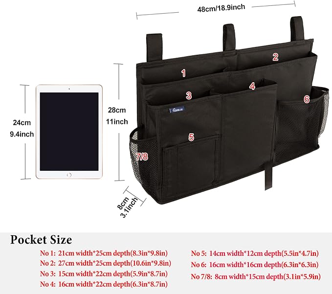 Surblue Caddy Hanging Organizer Bedside Storage Bag for Bunk and Hospital Beds, Black, L