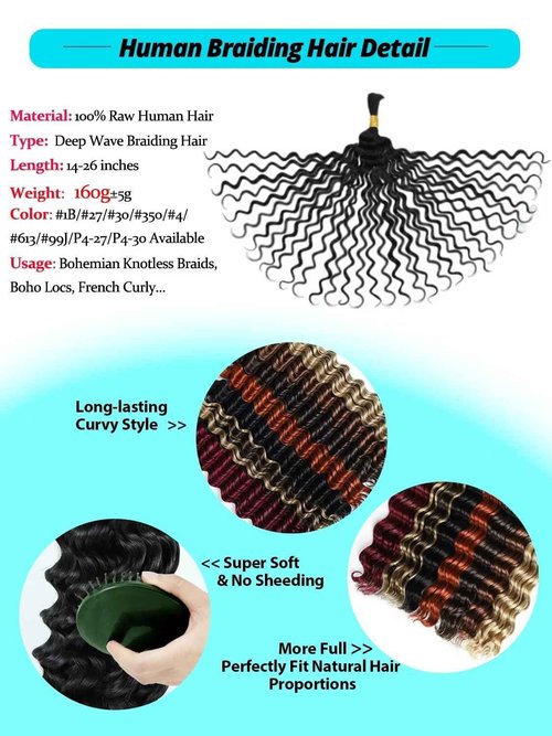 12A #4 Chocolate Brown Human Braiding Hair for Boho Braids 5 Bundles 18 Inch 160g Deep Wave Braiding Hair for Bohemian Knotless Braids 100% Unprocessed Virgin Bulk Hair Extensions No Weft