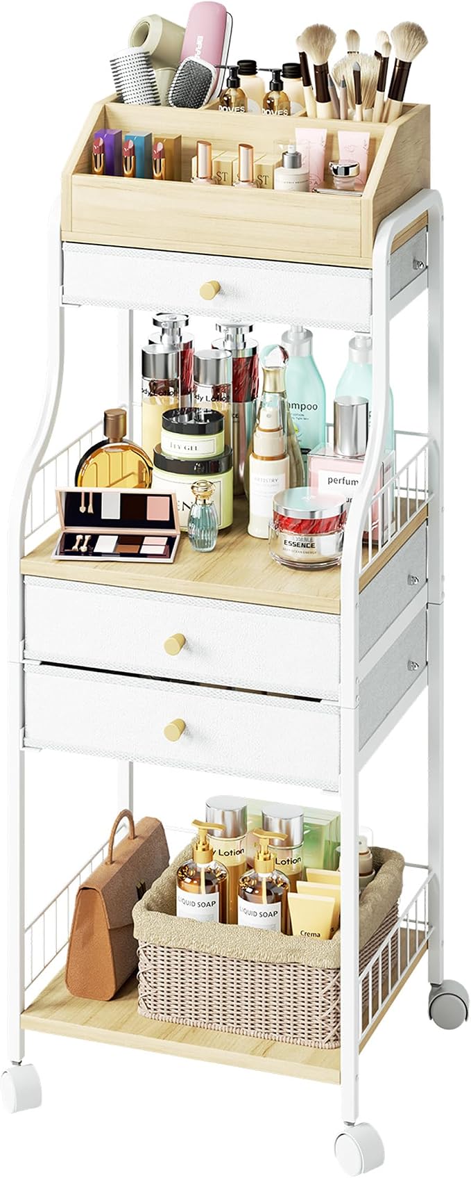 SWTYMIKI Rolling Makeup Organizer Cart - Floor Skincare Storage with Non-woven Drawers, Vanity Organizer Cosmetic Display Cases with Wheels, Cabinet for Skin Care Perfume Nail Polish Brush Hair Tool
