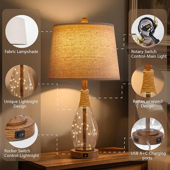 OYEARS 23" USB A+C Table Lamp for Bedroom Living Room Modern Bedside Lamps Retro Farmhouse Rattan Glass Nightstand Nightlight Lamps,Two Light Points