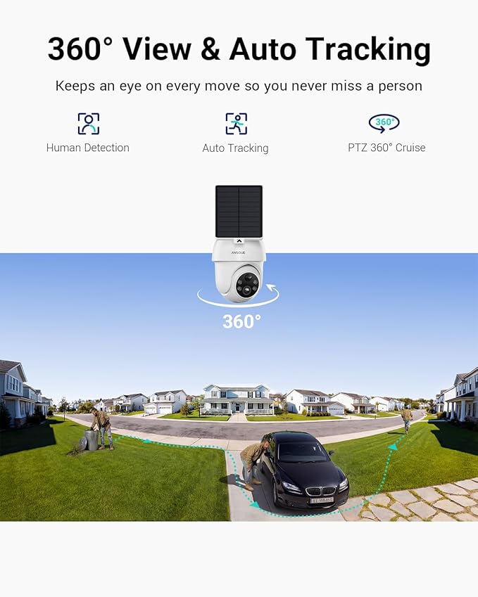 ANSQUE Security Cameras Wireless Outdoor Home System, 2 Camera Kit, No Subscription Fees, Solar Powered, Local Storage, 365-Day Battery Life, 360°PTZ Surveillance, Auto Tracking, 2K Color Night Vision