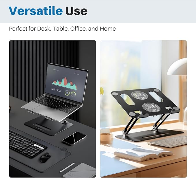 YICOSUN Adjustable Laptop Cooling Stand with 2 Quiet Fans & RGB Lighting, Aluminum Alloy & Foldable Ergonomic Design for MacBook, Lenovo, ASUS, Dell 10-16 Inch, Perfect for Gaming, DJ, Office - Black