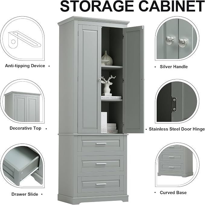 Polibi Tall Storage Cabinet with 3 Drawers, 3-Tier Adjustable Shelves & 2 Doors, Floor Freestanding Linen Cabinet for Bathroom, Living Room, Grey