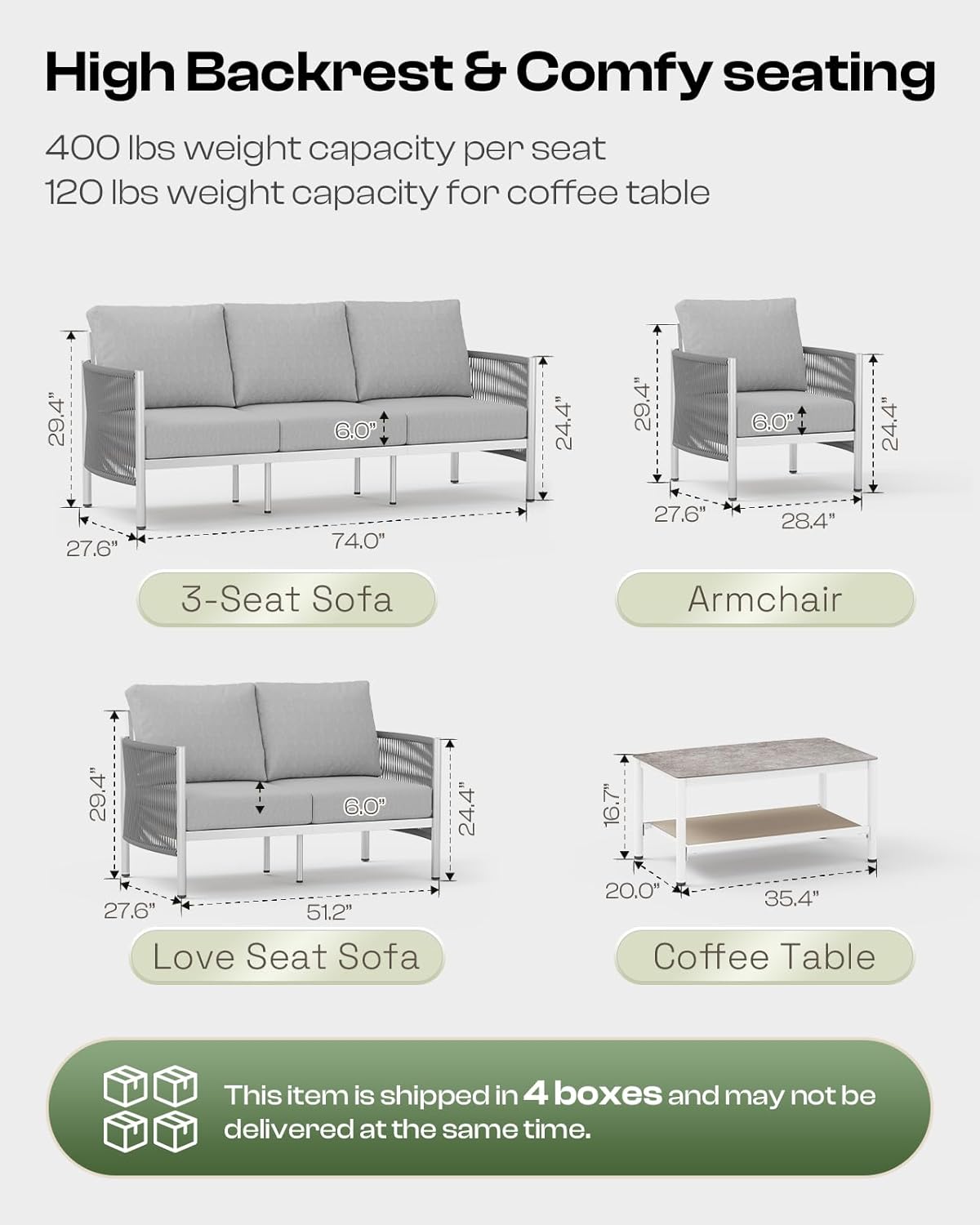 Aluminum Outdoor Sofa Armchair, HDPE Rope Patio Couch with Washable Thick Cushion, All-Weather Outdoor Patio Chairs Set of 2 for Balcony, Yard, Silver Frame, Silver