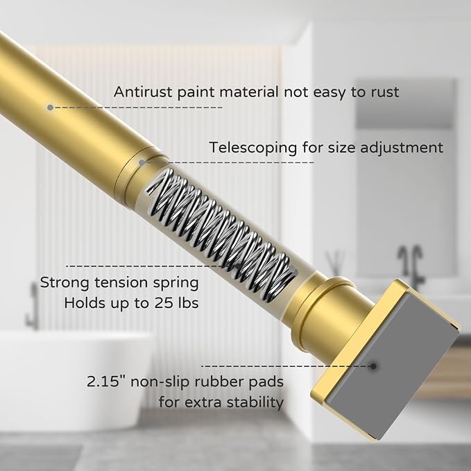 UIOSANRT Gold Shower Curtain Rod 31-79 Inches Non-Slip Shower Rod Tension Mounted No Drill Shower Curtain Rods Spring Tension Rod Adjustable Tension Curtain Rod for Windows Bathroom