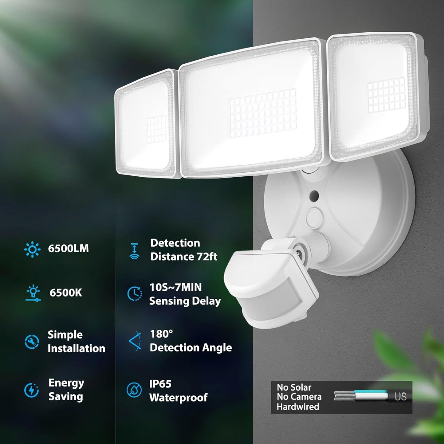 Onforu 65W LED Flood Light Motion Sensor Outdoor, 6500lm Security Light with Three Head, IP65 Waterproof Exterior Floodlight, 6500k Wall Light for Entryways Stairs Yard Garage