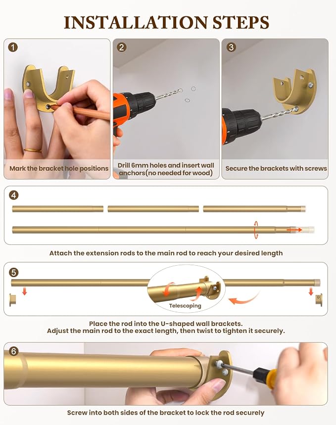 Heavy Duty Closet Rod, 17-99 IN Closet Rods for Hanging Clothes, Gold | Stepless Adjustable, Supports up to 66 lbs, Multiple Size Options, Easy Installation, Multi Purpose , Wall-Mounted