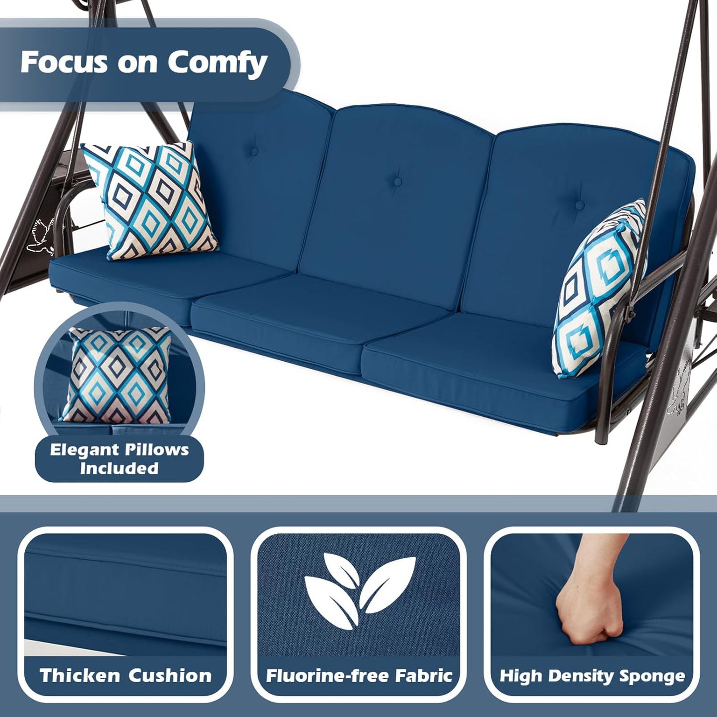 800LBS Patio Swing with Canopy 3 Seat Outdoor Porch Swing with Stand w/Cup Holder & Pillow Glider Chair Swing Bed for Patio Backyard Poolside (Blue)