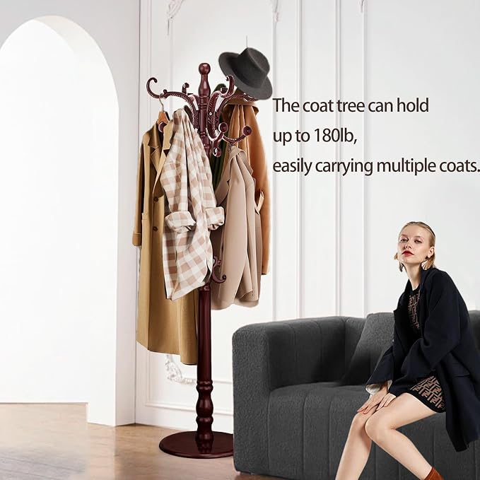 Coat Rack Freestanding, Wooden Coat Tree with Stable Round Base, Vintage Heavy Duty Coat Rack Stand with 14 Hooks, Coat Hanger Stand for Bedroom, Office, Entryway (Mahogany)