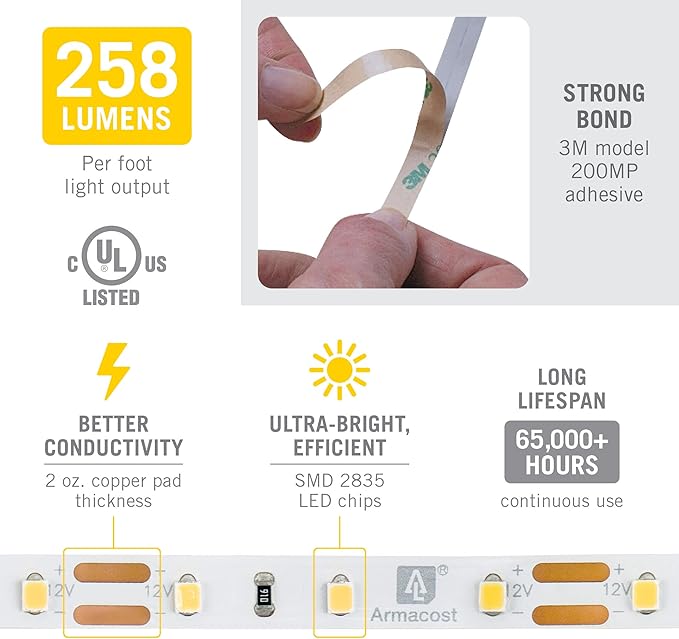 Armacost Lighting RibbonFlex Pro 12V White LED Strip Lights 60 LED/m, 2700K, 65.6 ft 132260