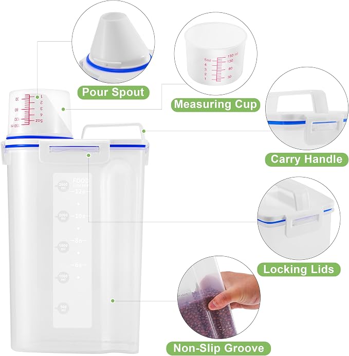 6 Pcs Set Rice Storage Container, Flour Dispenser with Pouring Spout & Measuring Cup, Kitchen Plastic Dry Food Storage Bin for Grain Oatmeal Snacks Pet Dog Food