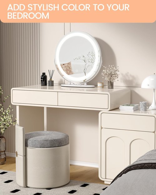 GAOMON Vanity Mirror with Led Lights, 19 Inches Touch Control 3 Color 2024 New Dimmable Makeup Mirror, 360°Rotation Round Desk Mirror, Easy to Assemble (White)