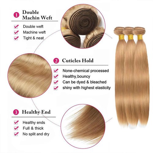 LUMWAV Straight Bundles Human Hair 26 28 30 Inch 12A Soft and Thick Honey Brown #27 Brazilian Virgin Hair Bundles for Black Women