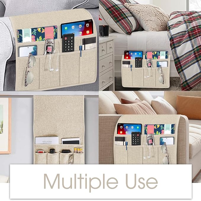 Joywell Beige Remote Control Holder Recliner Armchair Caddy Couch Caddy Sofa Armrest Organizer Linen Fabric Tan Taupe Sofa Arm Chair Caddie with 6 Pocket Storage for Magazine, Tablet, Phone, iPad