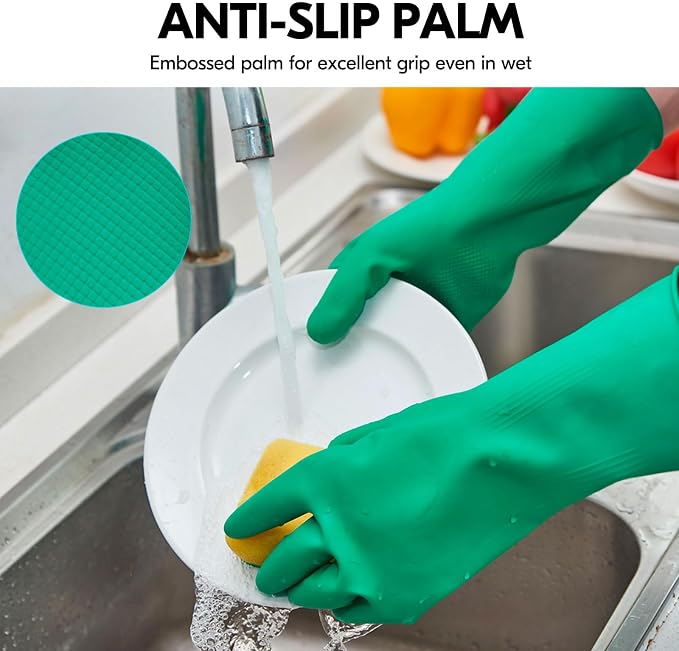 Vgo... 1-Pair Reusable Household Gloves, Rubber Dishwashing gloves, Extra Thickness, Long Sleeves, Kitchen Cleaning, Working, Painting, Gardening, Pet Care (Size M, Green, HH4601)